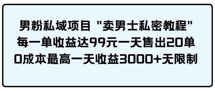 男粉私域项目 卖男士私密教程 每一单收益达99元一天售出20单-飞秋社